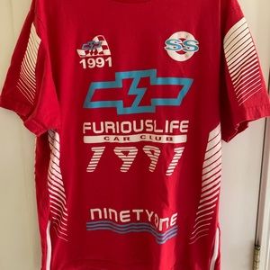 Vintage 90’s Furious Life 1991 Car Club all over print racing stripe T-shirt